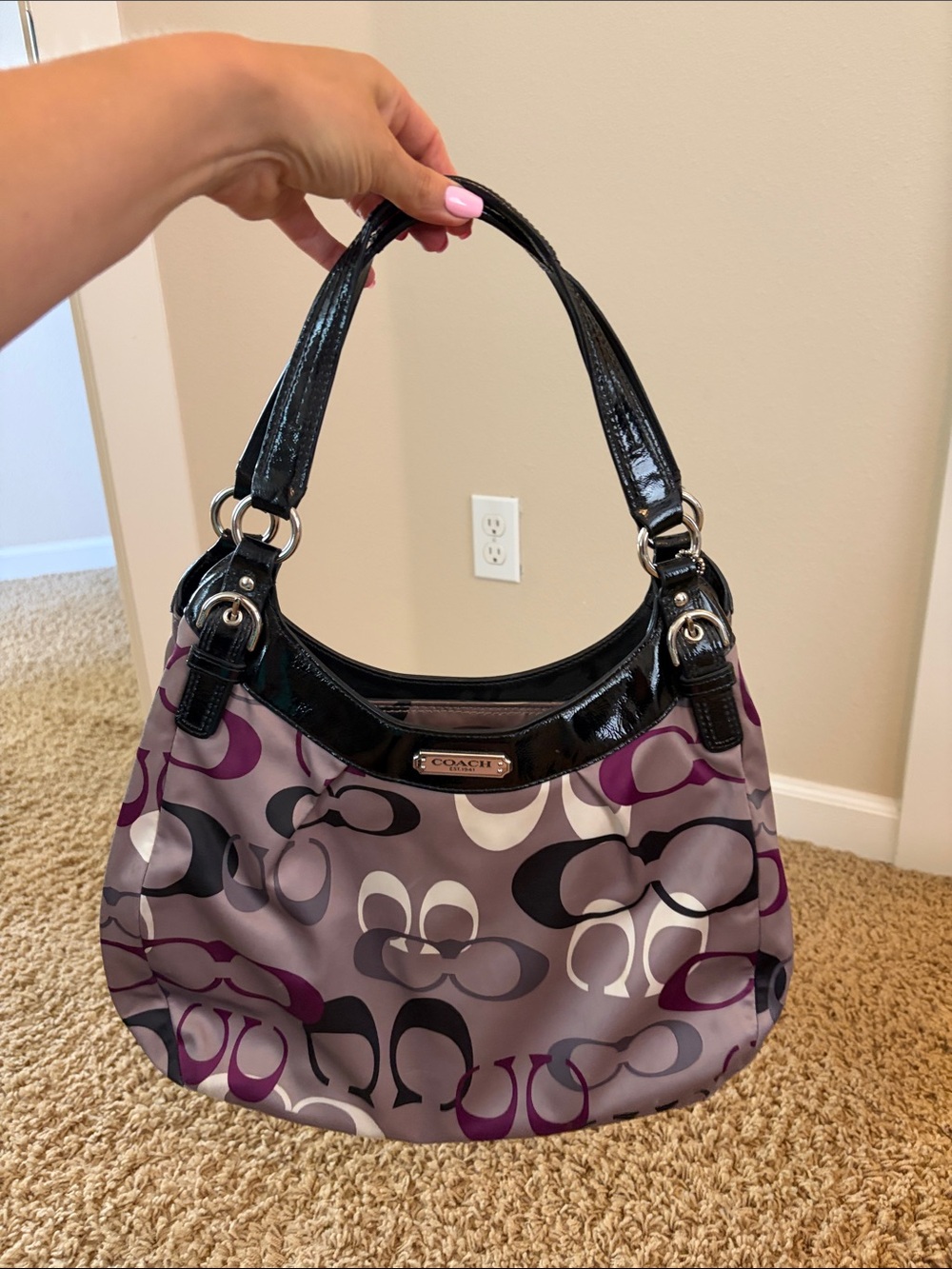 Coach Purple Signature Shoulder Bag with Black Patent Trim